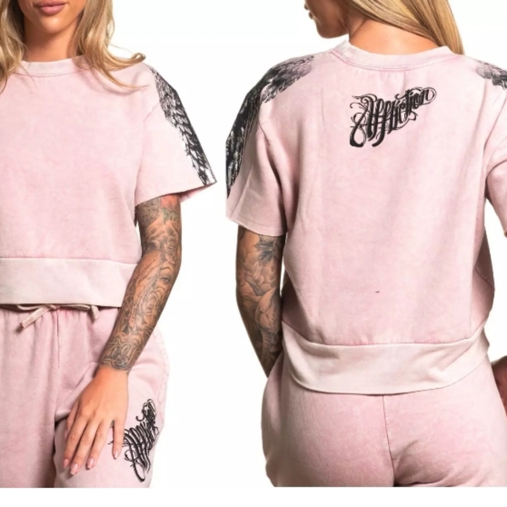 AFFLICTION "AUDRALYN" Women's T-Shirt Sweatshirt Wings Tattoo Pink Biker